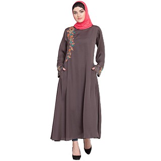 Designer embroidery abaya with bell sleeves- Plum Brown